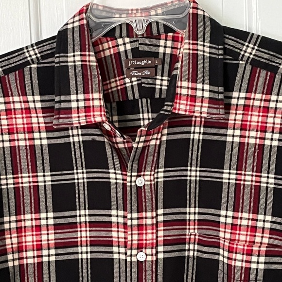 J McLaughlin 100% Cotton Black Red Plaid Long Sleeve Trim Fit Button Up Shirt L - Picture 2 of 12